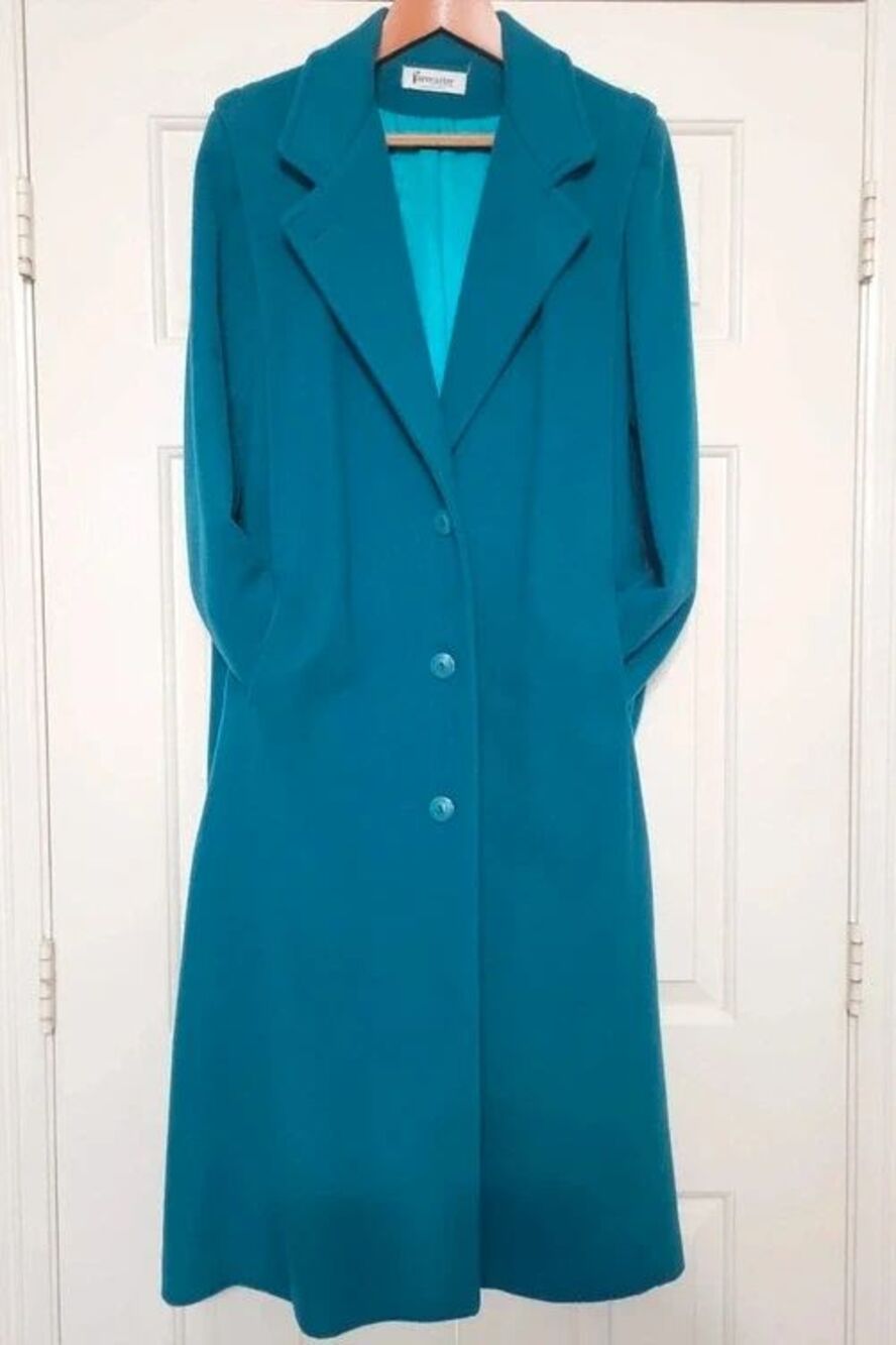 Vintage 80s Forecaster of Boston Teal Blue Wool Trench Coat Scarf Set Size 7/8